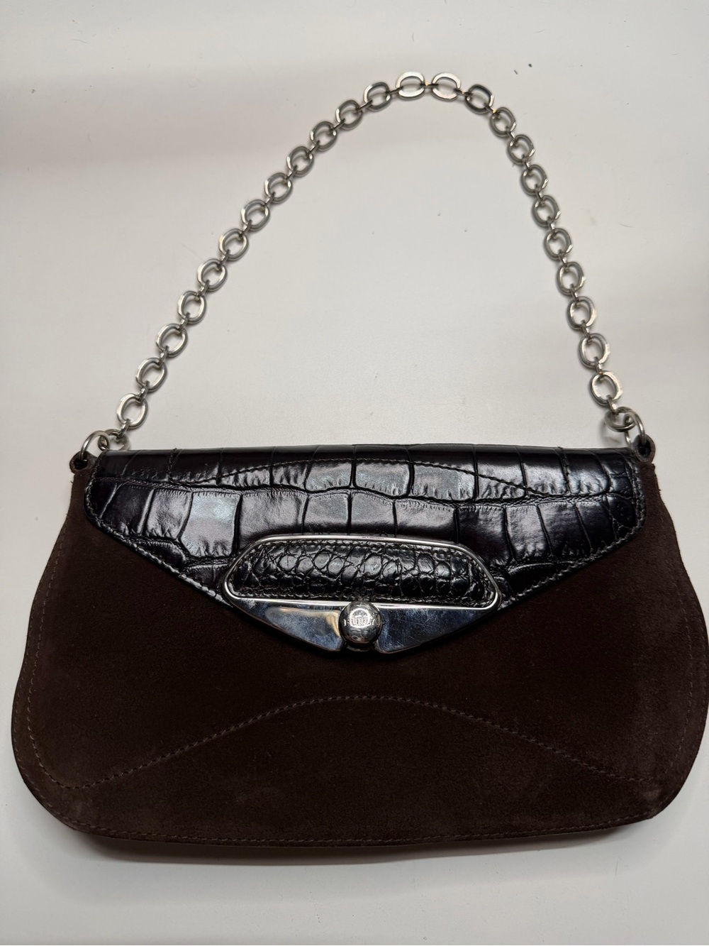 Furla Dark Brown Suede Shoulder Bag with Black Croc-Embossed Flap